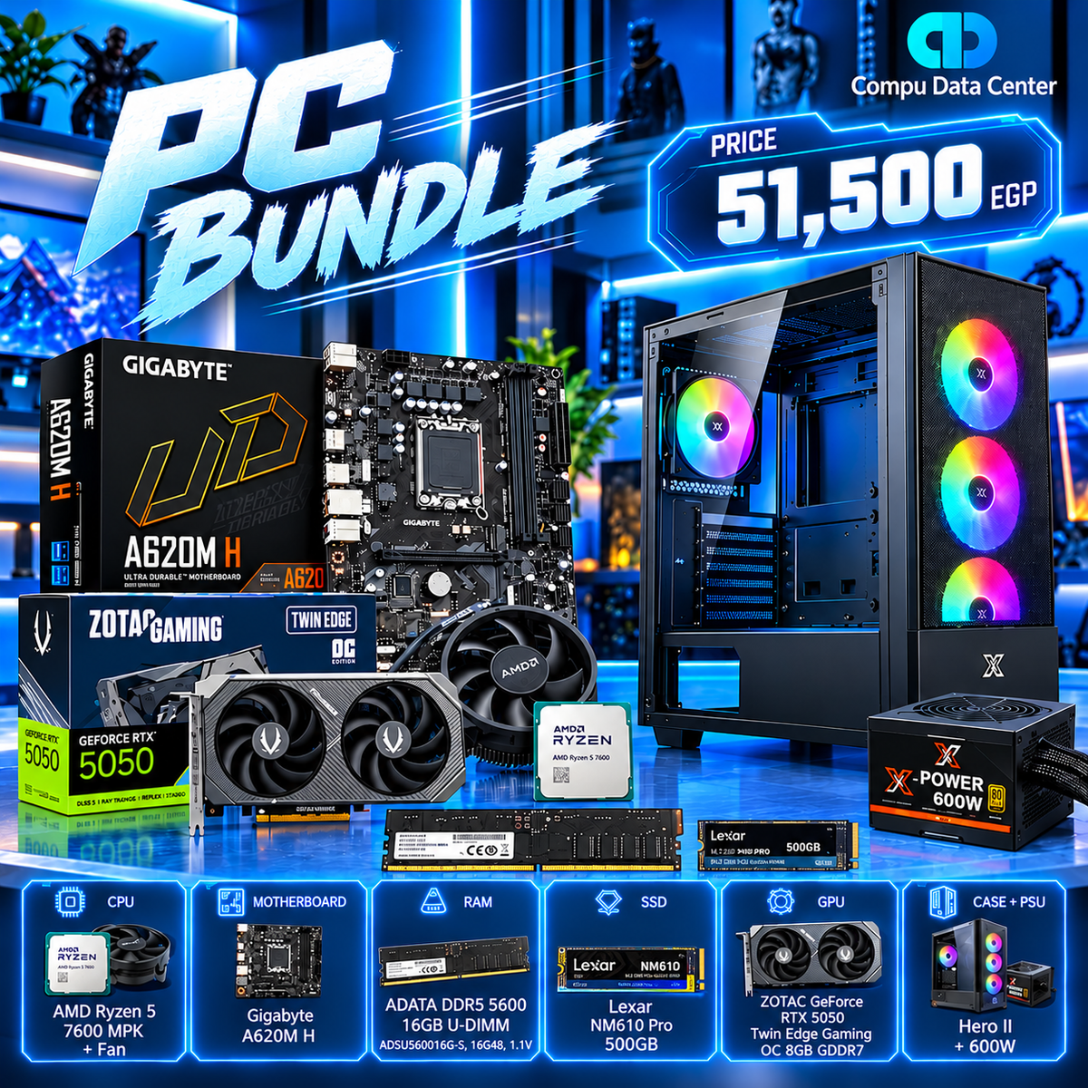 AMD Ryzen 5 7600 + Zotac RTX 5050 Twin Edge Gaming OC PC Bundle | 16GB DDR5, 500GB SSD