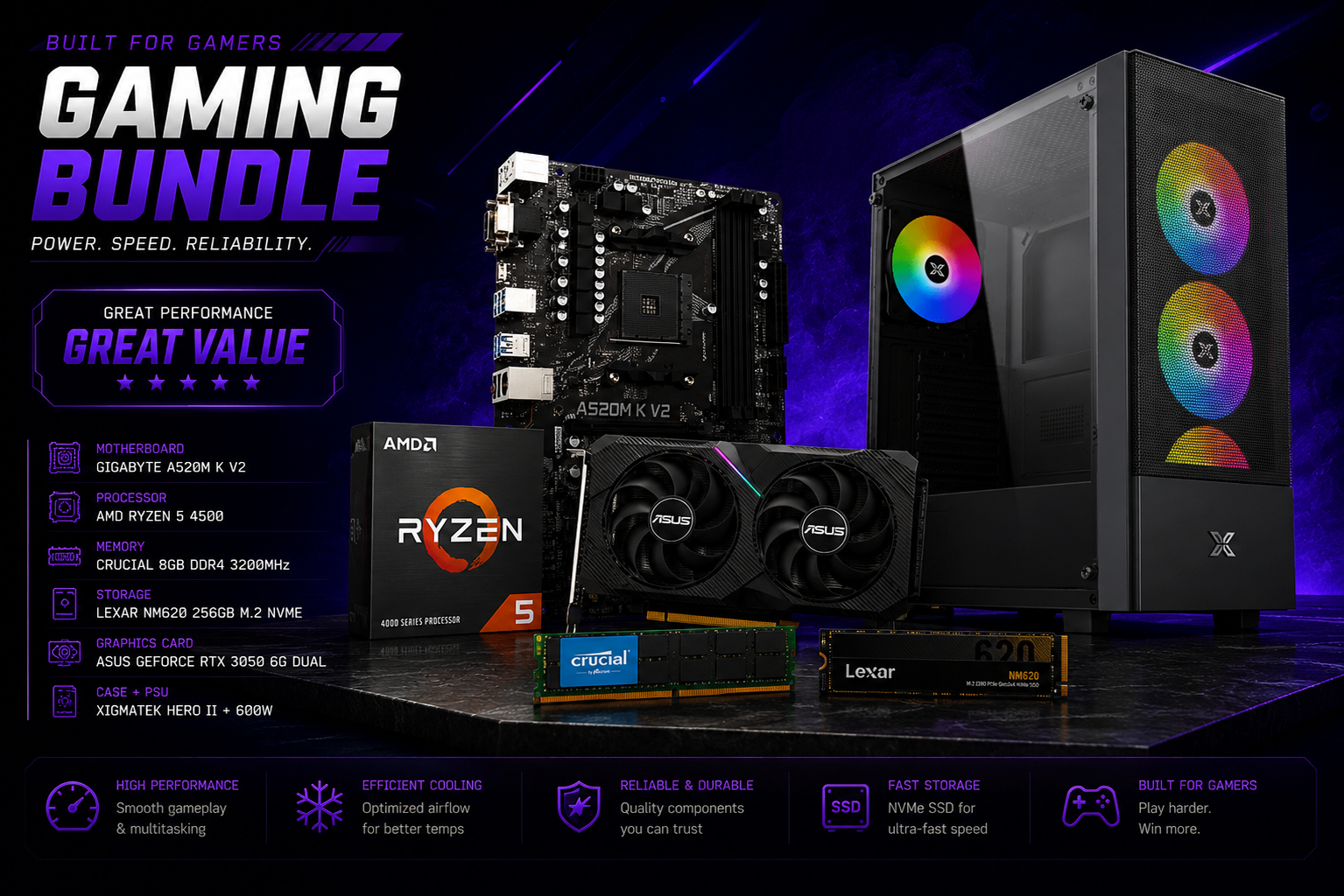 AMD PC Bundle | Ryzen 5 4500 + RTX 3050 6G + 8GB RAM + 256GB NVMe + A520M + Hero II Case