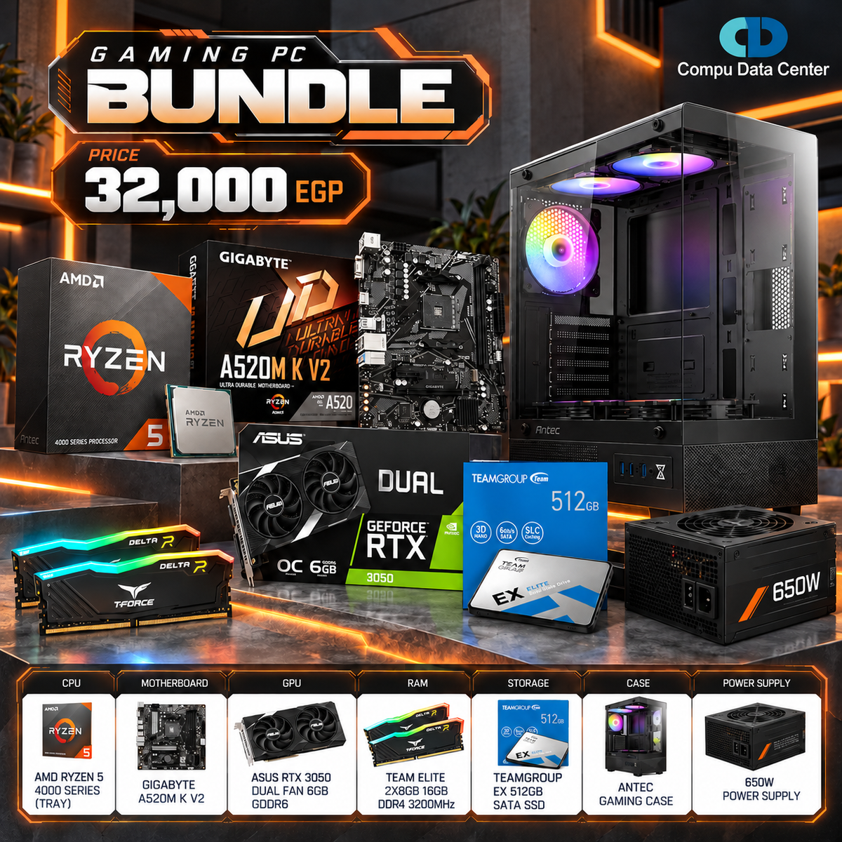 AMD Ryzen 5 4500 + ASUS RTX 3050 6GB Gaming PC Bundle | 16GB DDR4, 512GB SSD