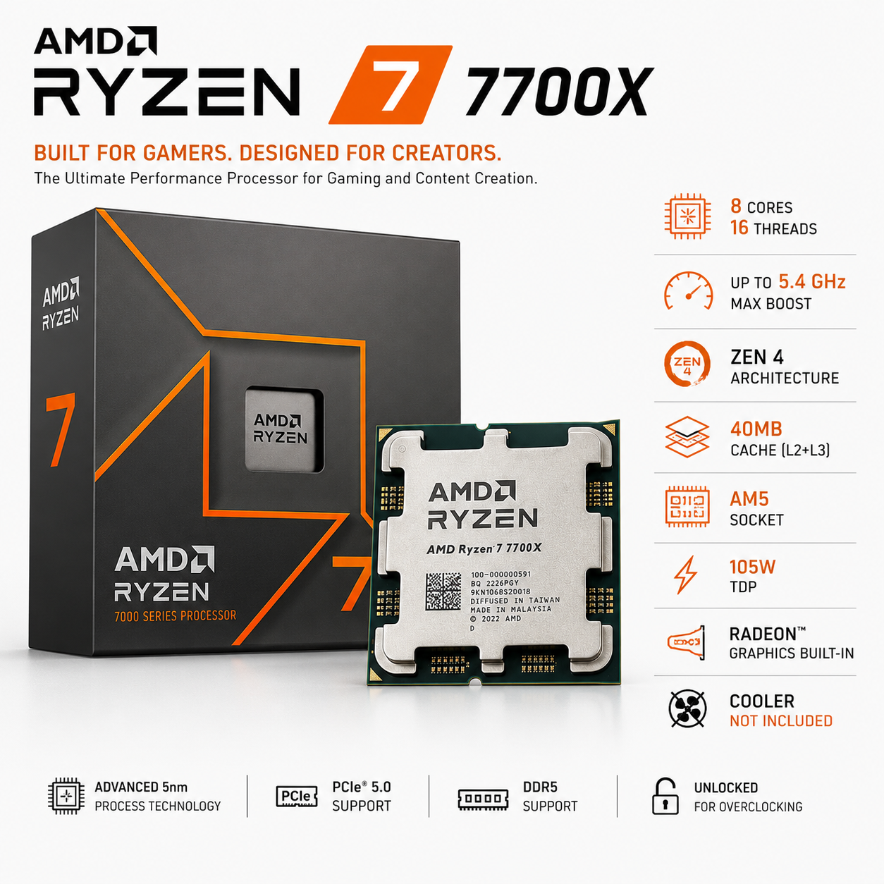 AMD Ryzen 7 7700X Desktop Processor | 8 Cores, 16 Threads, Up to 5.4GHz