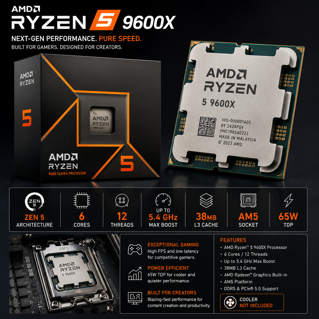 AMD Ryzen 5 9600X Desktop Processor | 6 Cores, 12 Threads, Up to 5.4GHz