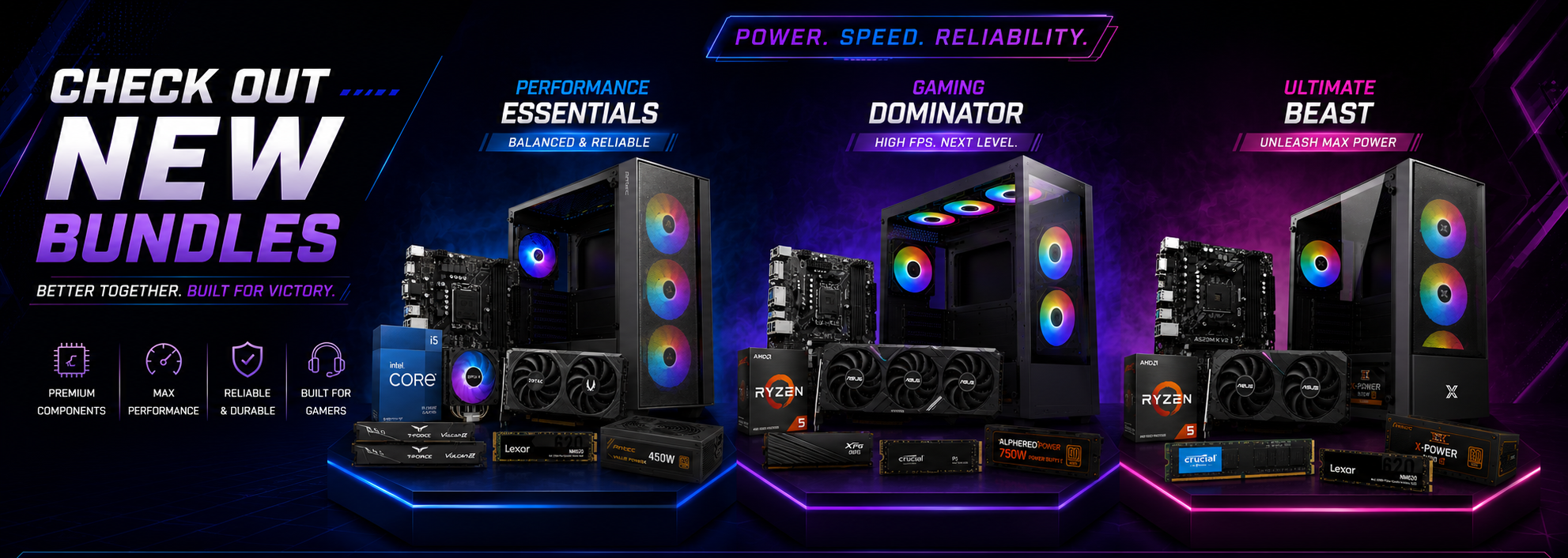 Promotional banner for gaming PC bundles, featuring three high-end desktop towers with RGB lighting and a blue Corsair RAM module, under the text 'CHECK OUT NEW BUNDLES' with categories 'PERFORMANCE ESSENTIALS', 'RACING DOMINATOR', and 'ULTIMATE BEAST'.