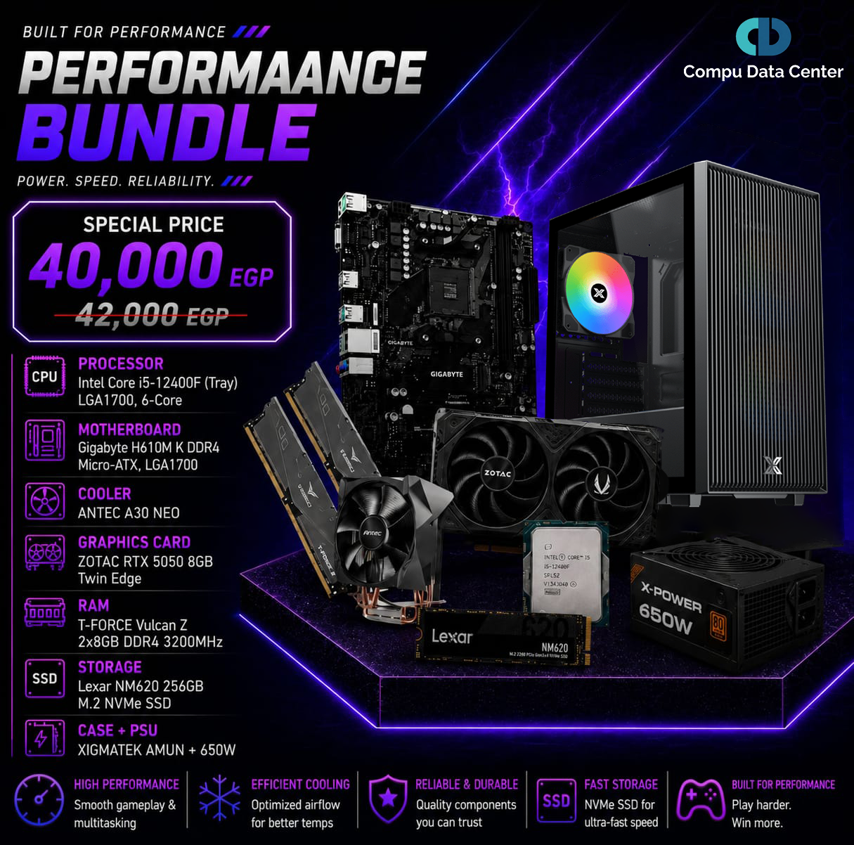 Intel Core i5-12400F Bundle — H610M + ANTEC A30 NEO + 16GB DDR4 + 256GB NVMe + RTX 5050 8GB + XIGMATEK AMUN 650W