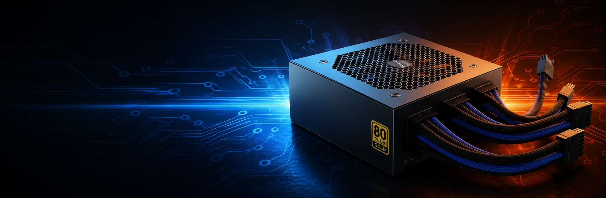 A high-performance 80+ PSU power supply unit with blue and orange illuminated cables, set against a dark background with circuit board graphics and glowing light effects.