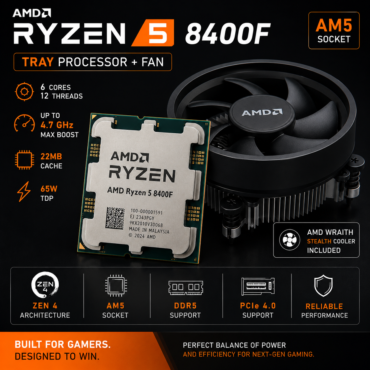 AMD Ryzen 5 8400F Tray Processor + Fan | 6 Cores, 12 Threads, Up to 4.7GHz