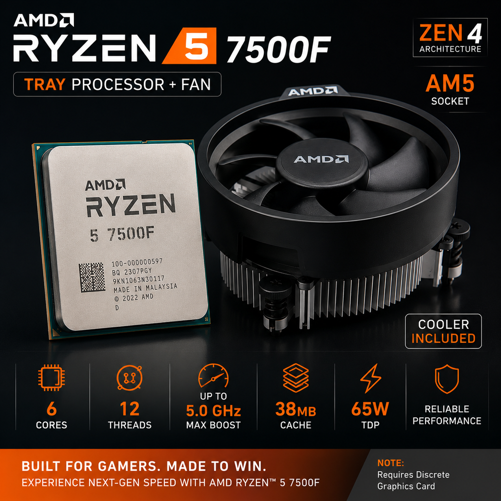 AMD Ryzen 5 7500F Tray Processor + Fan | 6 Cores, 12 Threads, Up to 5.0GHz