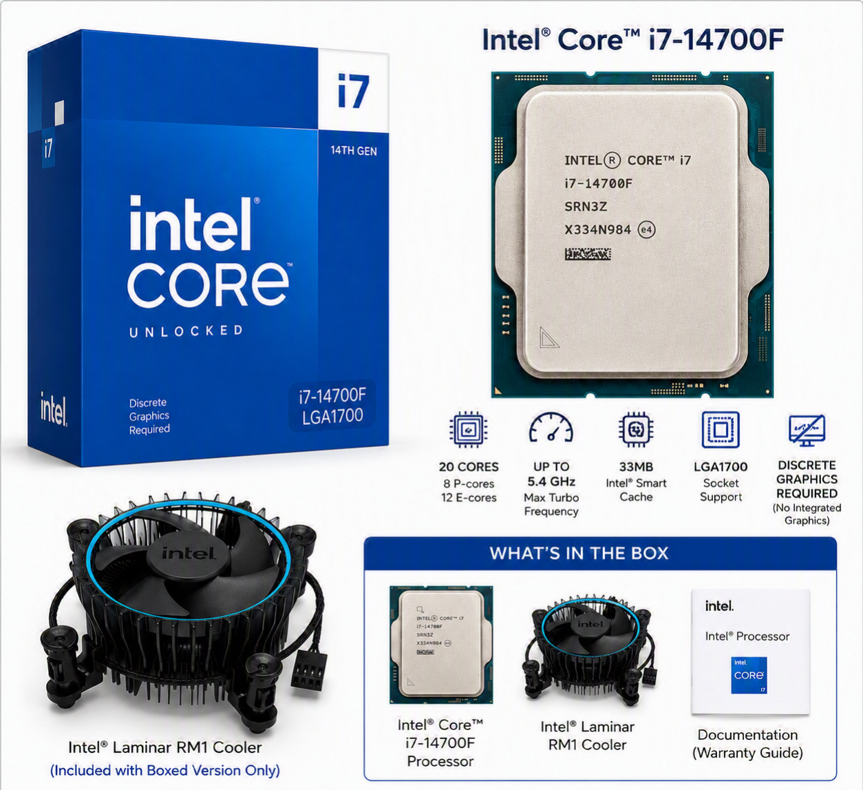 Intel Core i7-14700F Retail Box Desktop Processor | 20 Cores, 28 Threads, Up to 5.3GHz
