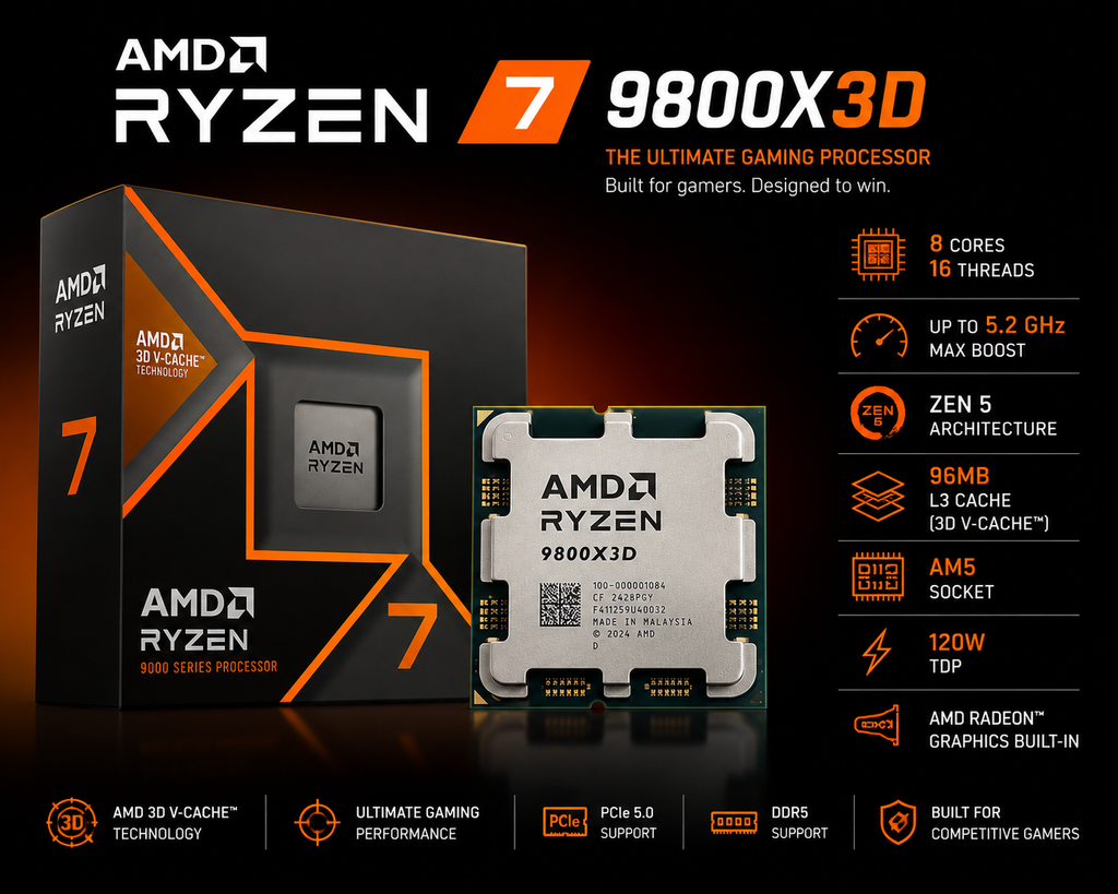 AMD Ryzen 7 9800X3D Desktop Processor | 8 Cores, 16 Threads, 3D V-Cache, Up to 5.2GHz