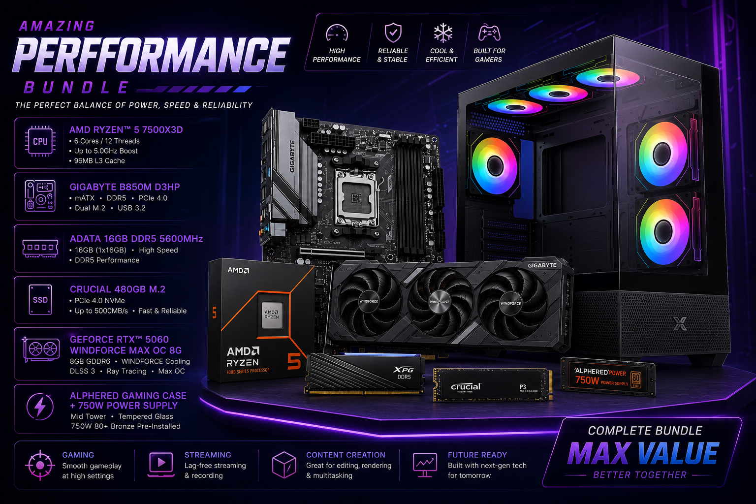 AMD Ryzen 7 7500X3D Bundle — B850M + 16GB DDR5 + 480GB NVMe + RTX 5060 + Alphered 750W