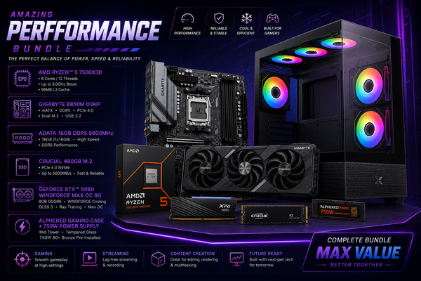 AMD Ryzen 7 7500X3D Bundle — B850M + 16GB DDR5 + 480GB NVMe + RTX 5060 + Alphered 750W