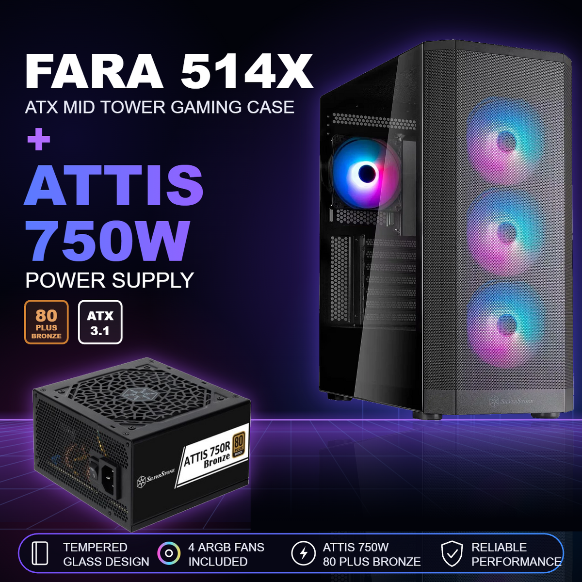 SilverStone FARA 514X mid tower gaming case with ATTIS 750W power supply