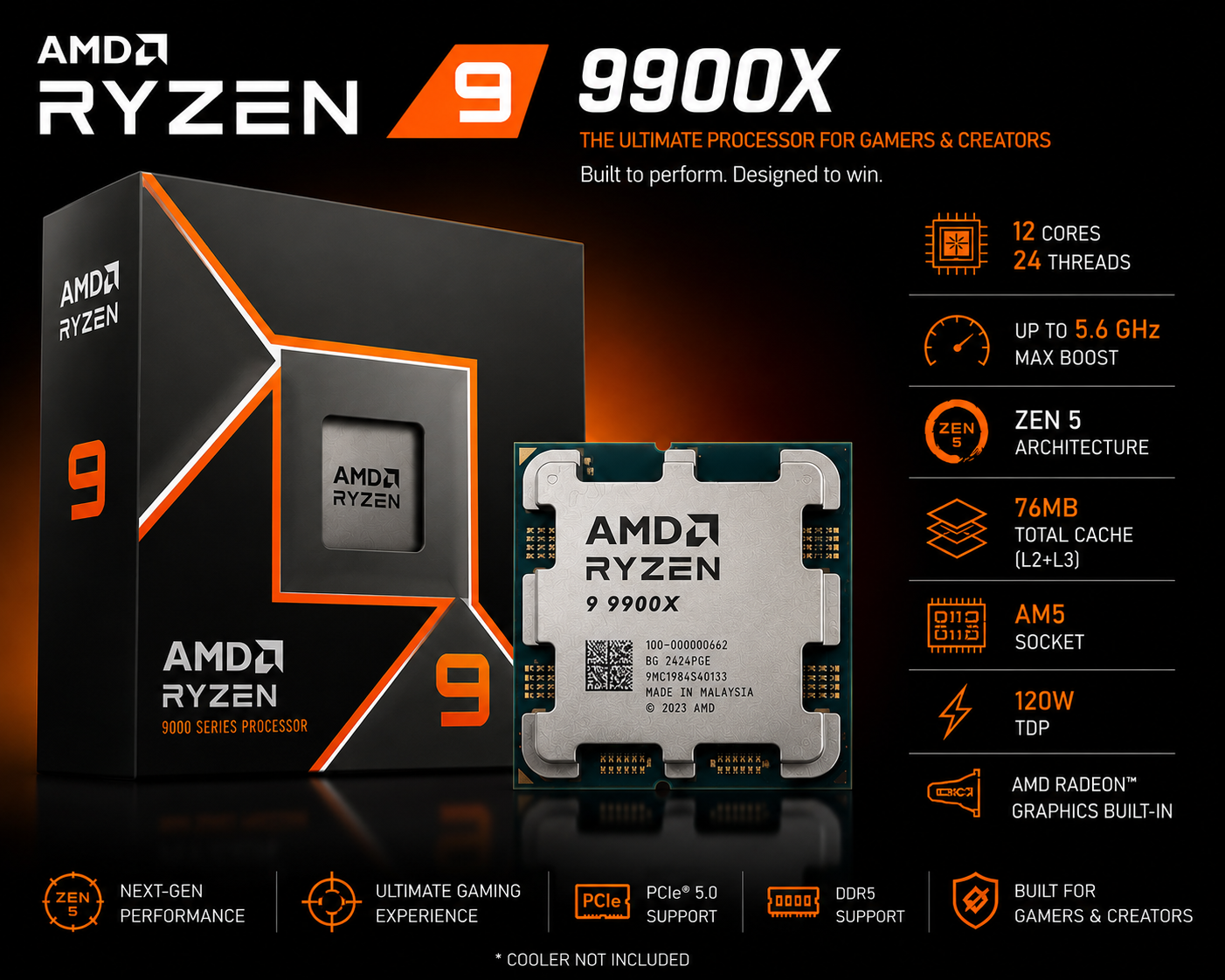 AMD Ryzen 9 9900X Desktop Processor | 12 Cores, 24 Threads, Up to 5.6GHz