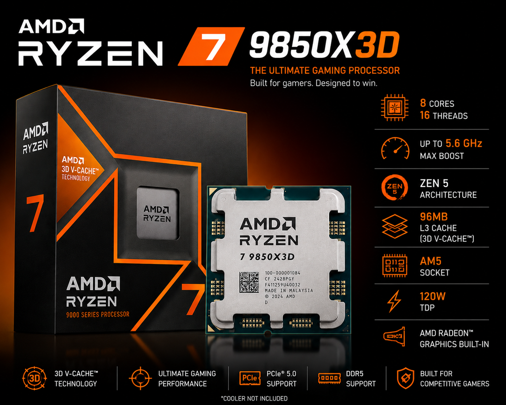 AMD Ryzen 7 9850X3D Desktop Processor | 8 Cores, 16 Threads, 3D V-Cache, Up to 5.6GHz